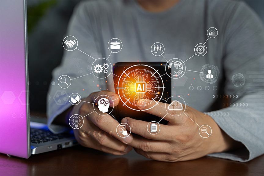 Person using smartphone with AI-powered marketing icons showing data-driven personalization and automation tools.