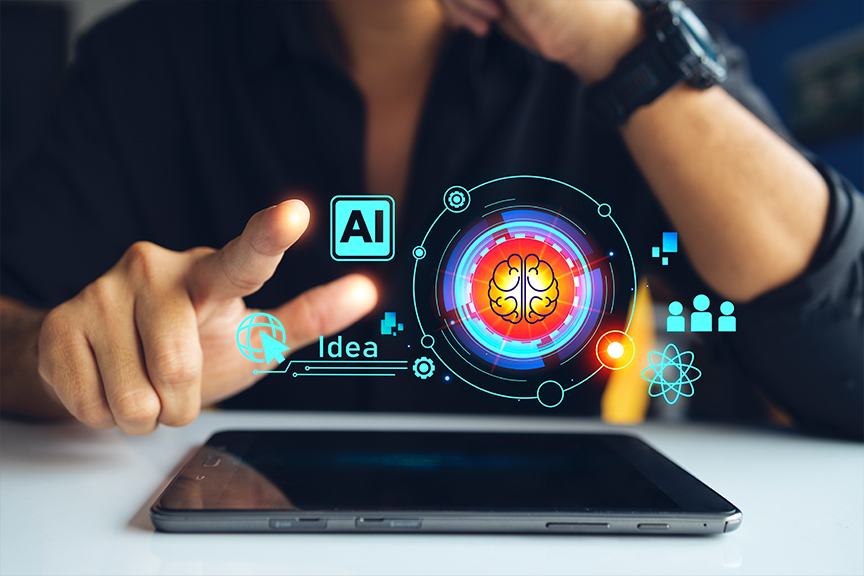 Person interacting with AI interface on tablet, showcasing artificial intelligence, ideas, and digital innovation.
