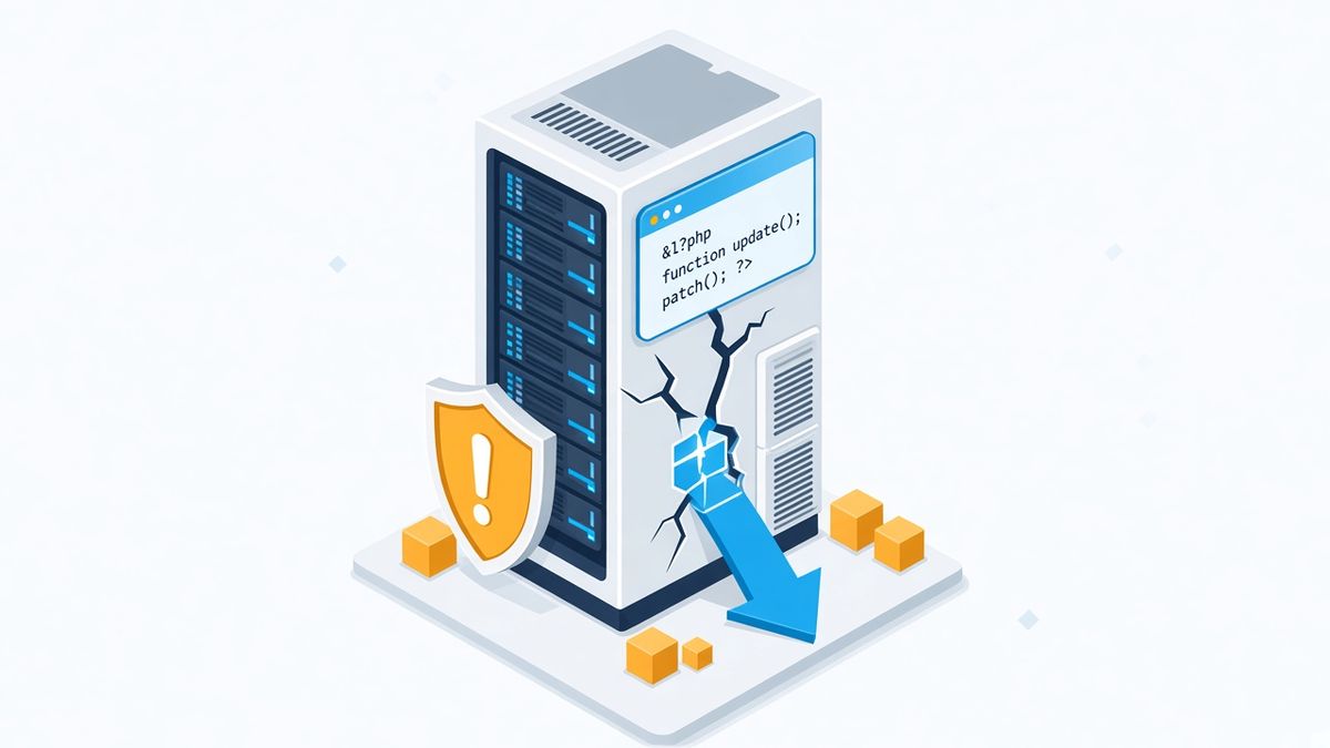 Flat isometric illustration of a web server with a code window, an amber warning shield and a blue update arrow sealing a crack, symbolising an urgent PHP security patch.