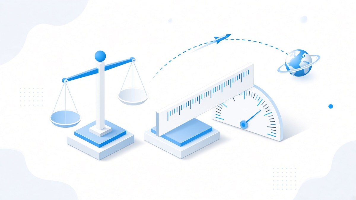 Flat isometric illustration of a balance scale beside a ruler and dial gauge whose markings do not line up, with a small spacecraft following a dotted path towards a planet, symbolising a unit mix-up between two systems.