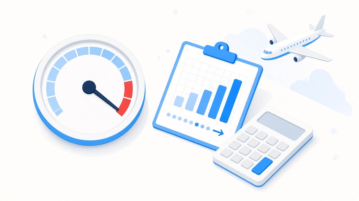Flat illustration of a round fuel gauge with its needle almost on empty, next to a clipboard chart, a calculator and a small airliner in the background, symbolising a manual fuel calculation gone wrong.