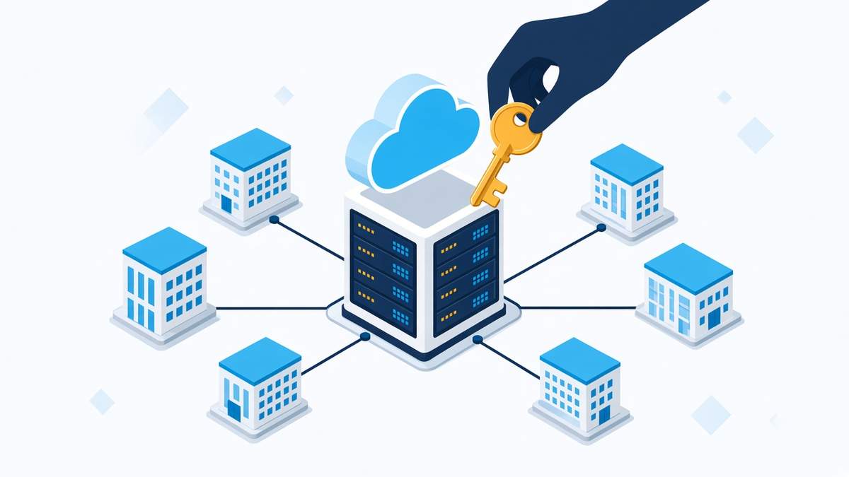 Flat isometric illustration of a central cloud backup server linked to many office buildings while a dark hand lifts away a golden key, symbolising stolen supplier credentials.
