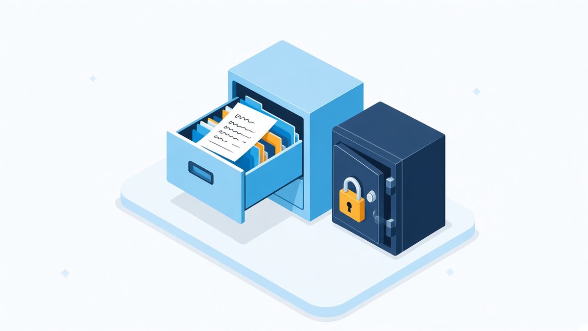 Flat isometric illustration of an open filing drawer with a password note in plain sight beside a locked safe, symbolising admin passwords stored in plaintext instead of a secure vault.