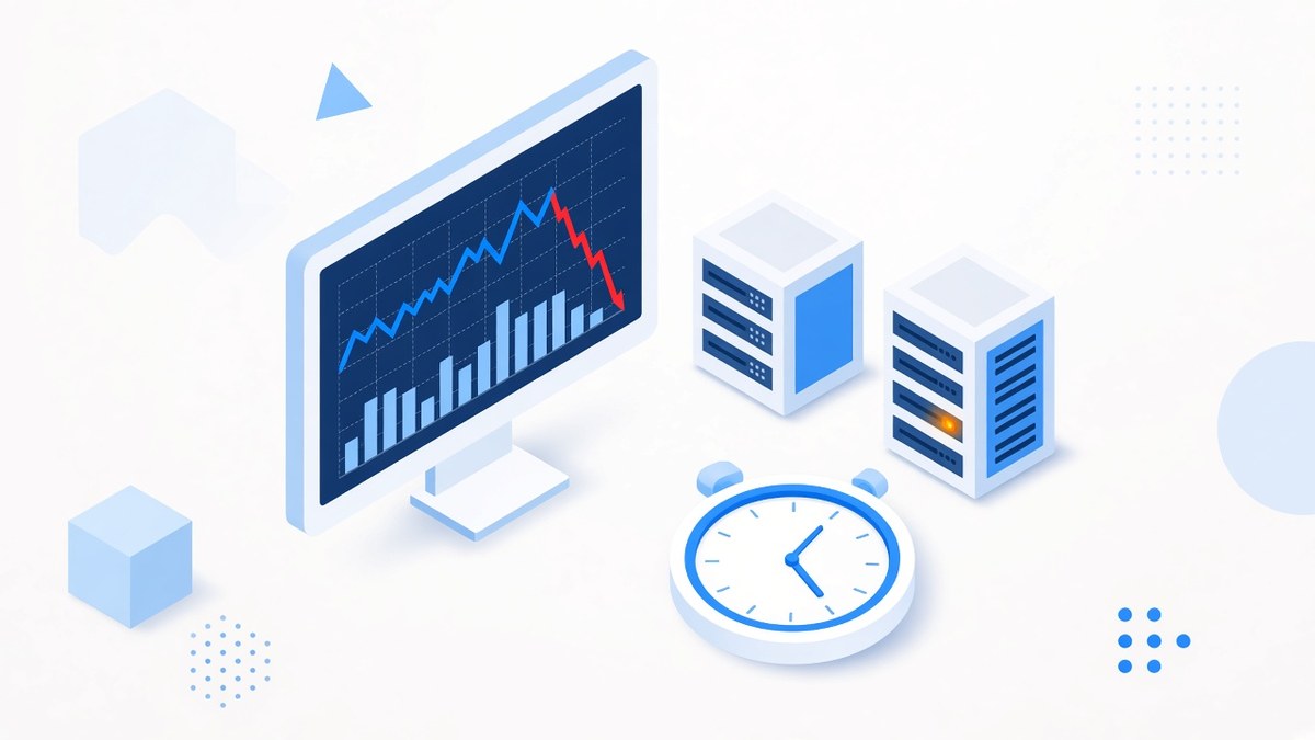 Isometric illustration of a monitor showing a trading chart that suddenly crashes in a sharp red line, beside two server units, one glowing amber, and a stopwatch, symbolising a fast-moving deployment failure.