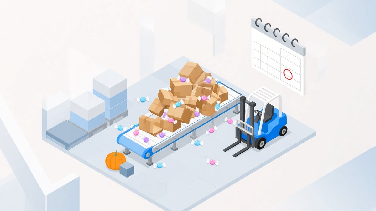 Isometric illustration of a warehouse conveyor jammed with a pile of stuck cardboard boxes and scattered sweets, a waiting forklift, a small pumpkin and a wall calendar with a late-month day circled in red, symbolising a go-live at peak season.