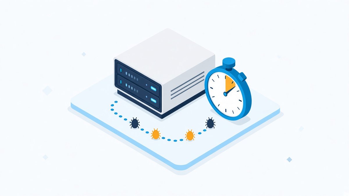 Flat isometric illustration of an exposed server with a stopwatch and small bug icons approaching along a dotted path, symbolising how quickly attackers exploit newly published flaws.