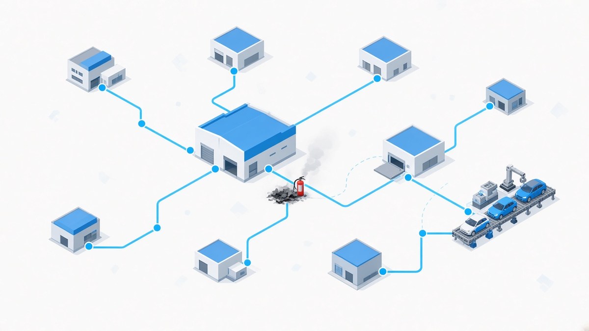 Isometric illustration of a supply network: a central parts factory with a small extinguished fire and a fire extinguisher, linked by blue lines to many smaller factories and a car assembly line as the connections are restored.