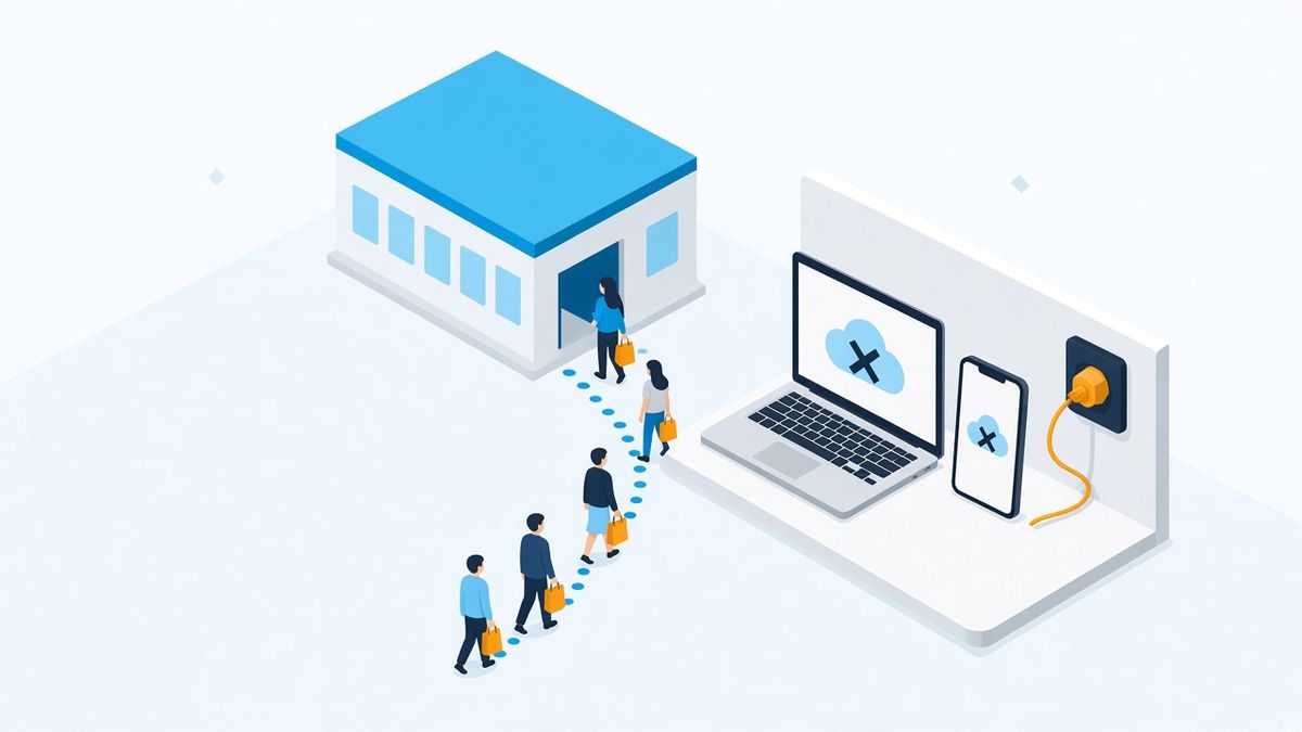 Flat isometric illustration of shoppers walking into an open store beside a laptop and phone showing a crossed-out cloud and an unplugged power cable, symbolising websites taken offline during a cyber incident.