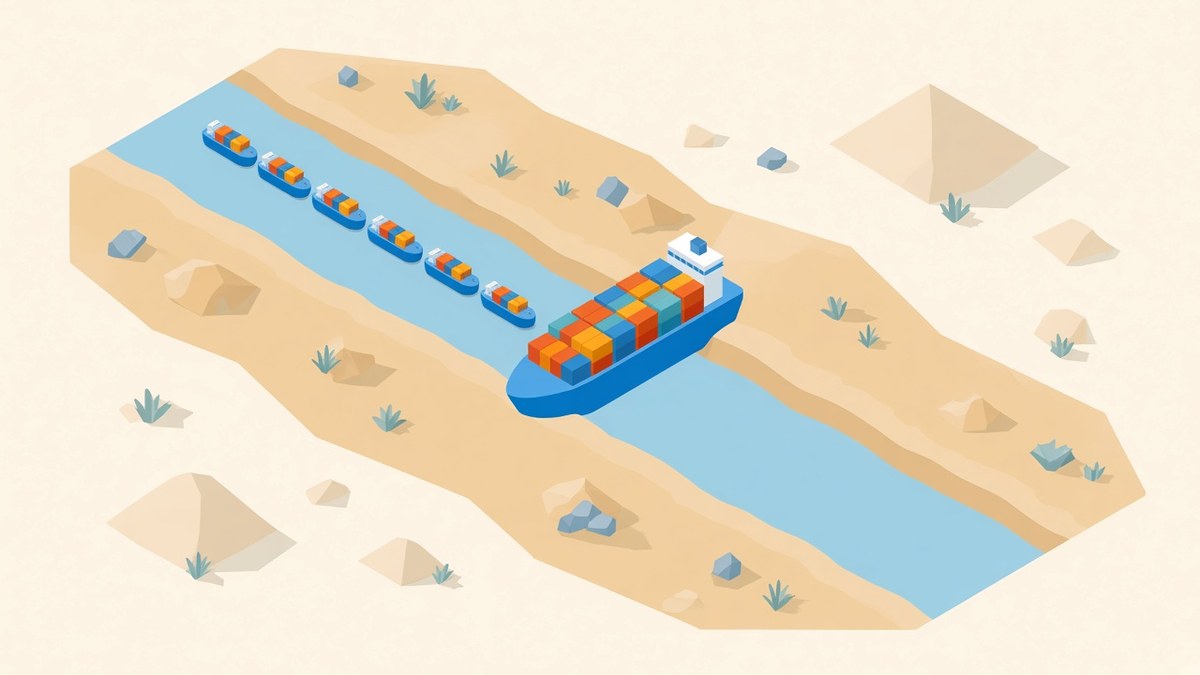Isometric illustration of a large container ship stuck at an angle in a narrow desert canal, with a queue of smaller cargo ships waiting behind it, symbolising how one blockage disrupts global trade.