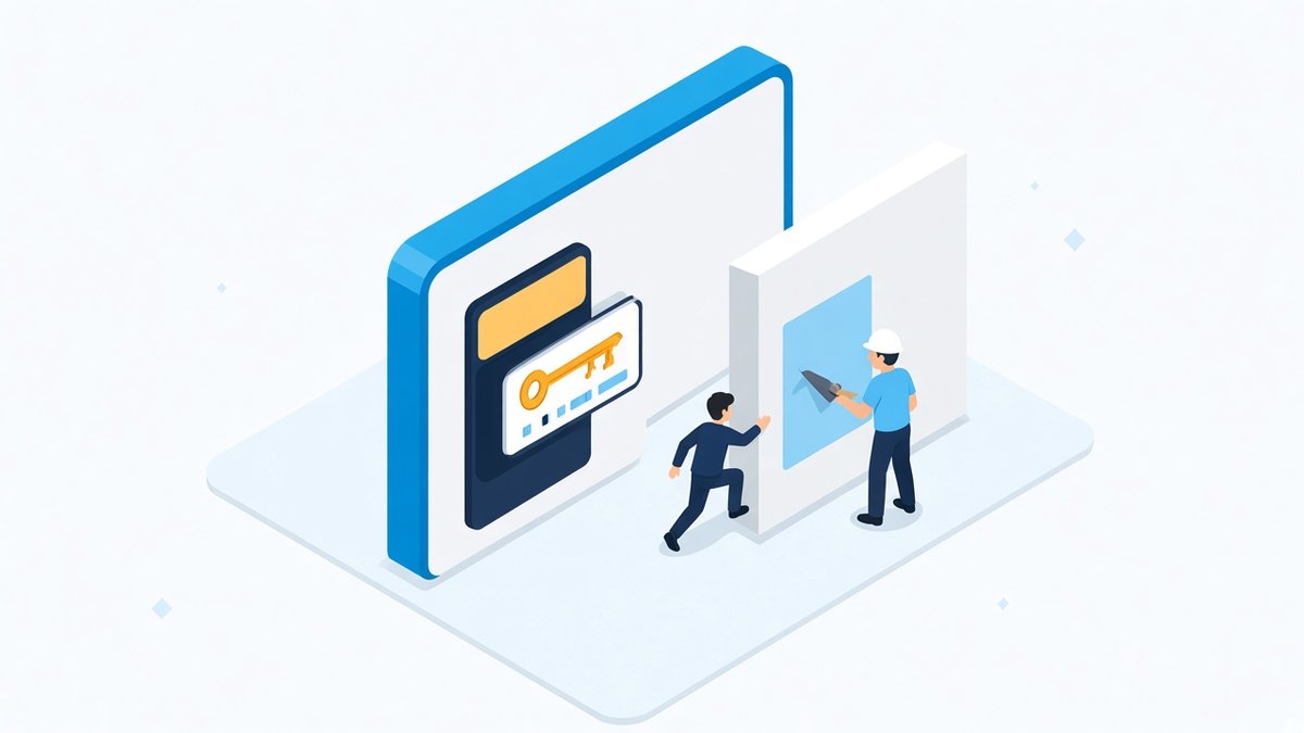 Flat isometric illustration of a login gate with an API key card, a figure slipping through a gap and a developer patching it, symbolising an authentication bypass being fixed.