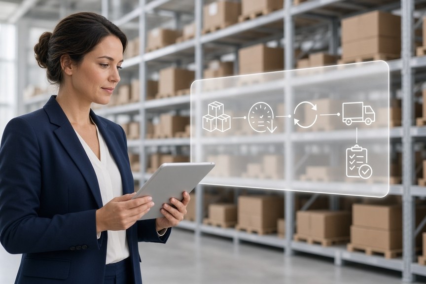 Warehouse manager reviewing stock replenishment on a tablet
